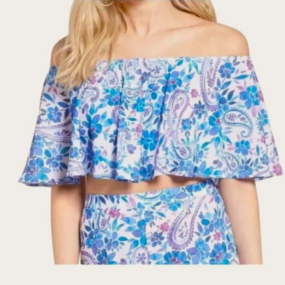 SHOW ME YOUR MUMU Heidi Ruffle Crop Top size XS WHITE BLUE FLORAL Beachy Summer - Picture 2 of 6